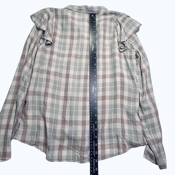 Express Ruffle Plaid Top Sz S Button Down Tie Hem Pink Gray Twee Coquette Girl - Picture 4 of 8
